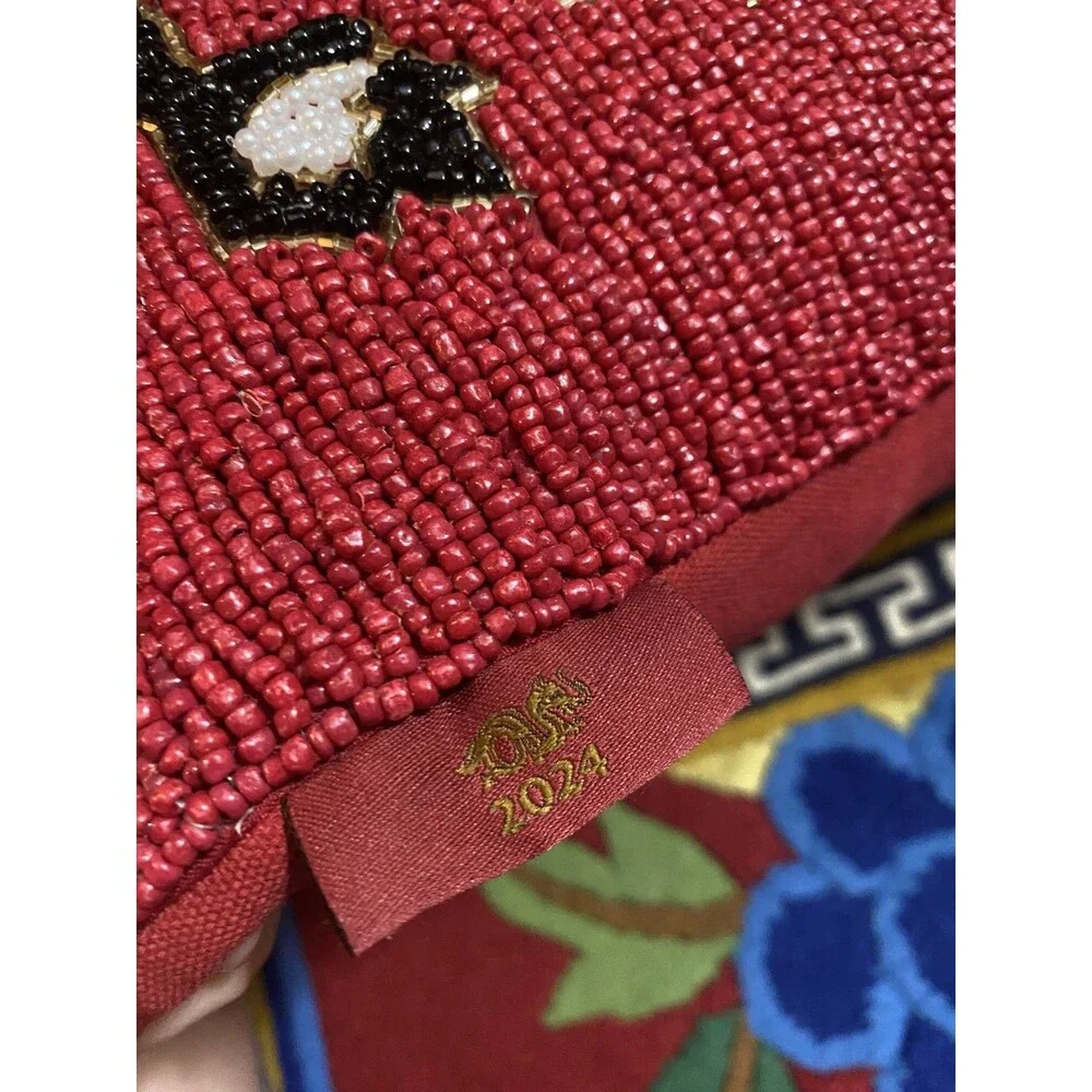 Chinese New Year 2024 Dragon Red Black 13x13 Square Beaded Toss Pillow Zodiac